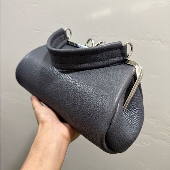 Gray Premium Cowhide Leather Handmade Bow Shaped Kisslock Baguette Bag/Crossbody - Picture 14 of 16